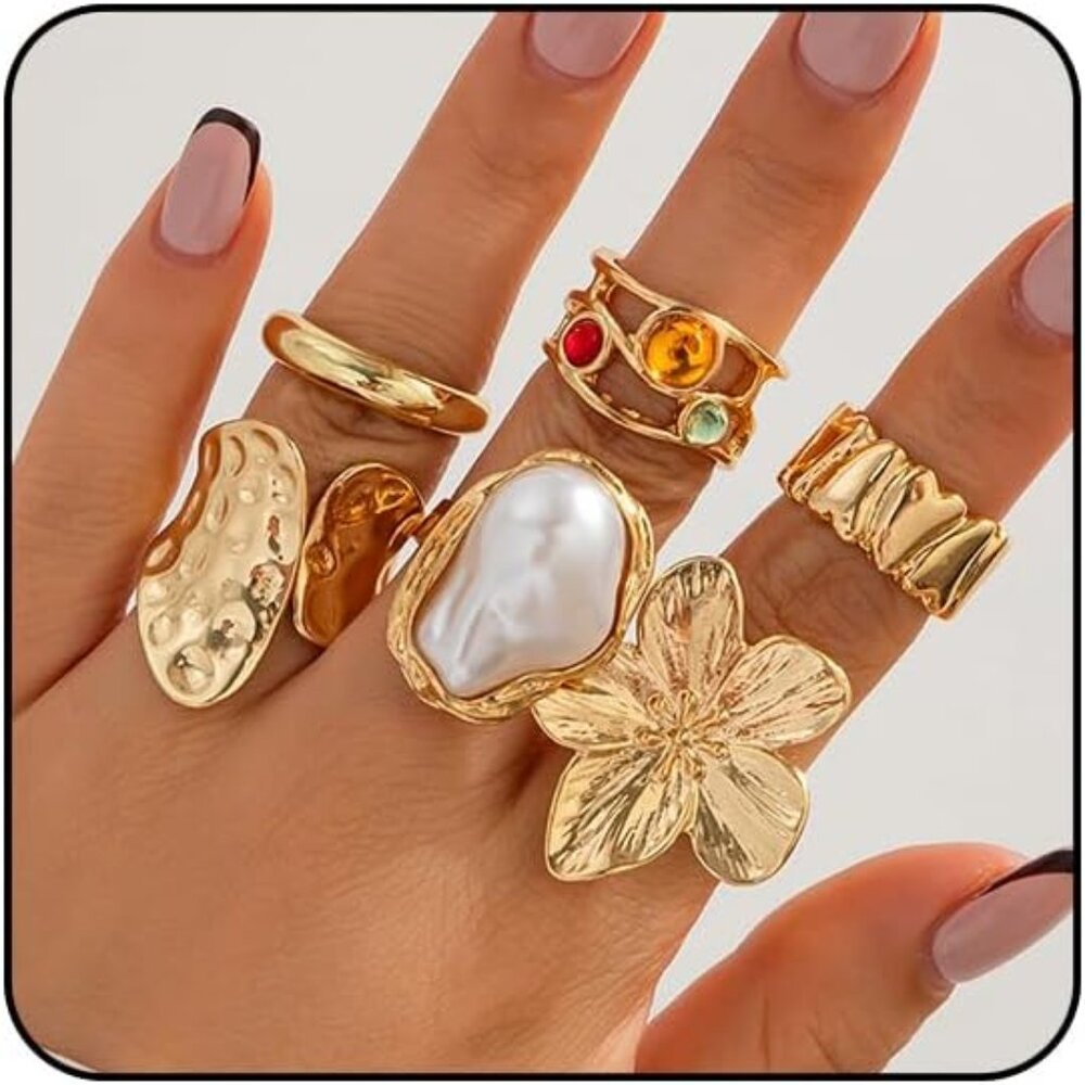 6pcs Chunky Gold Rings For Women Non Tarnish Statement Silver Rings Set Pearl Fl